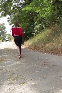 Black-haired Yenna relieves pee desperation outside