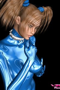 A virtual sweetie in her blue firm latex dress