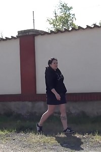 Innocent miss pissing outside on concrete steps