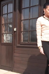 Black haired chick squats to pee outside