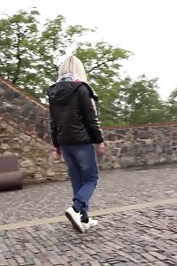 European darling squats to pee while outside