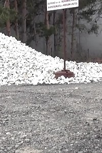 Good-looking nag pisses onto a pile of rubble