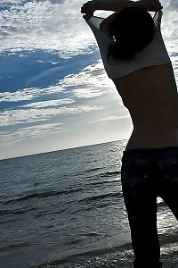 Misako Asian sweetie in a denim dress is having fun the outdoors and stripping