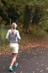 Attractive blonde is desperate to pee while outside