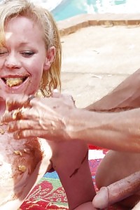 Aggressive and naughty matured nude couple coated with pie and sugar in mad pornfest