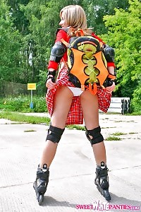 Naughty vamp displays her white lingerie outdoors