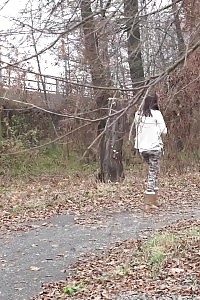 Eveline Neill pulls down pants to pee