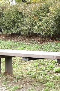 Brunette beauty in pants pisses outside