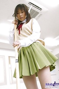 Asian hoodrat cloths the part of a college girl and makes clean up the schoolroom