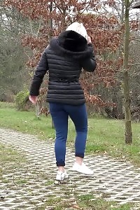 Blonde European pisses on a path on a trail
