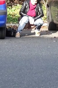 Innocent model needs to piss next to a busy road